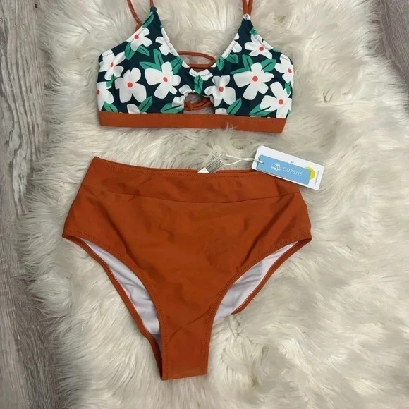 NWT cupshe orange teal green floral high waist bikini sz small - Picture 2 of 7